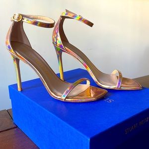 Stuart Weitzman 8.5 Nudistcurve Rose Gold Hologram 4” Heel Sandal